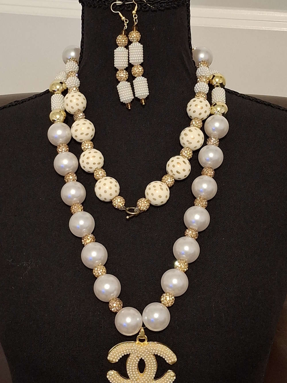 Cream Pearl & Gold Double-Strand Necklace with Gold CC Pendant